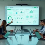 Gestores analisando painel de software personalizado com gráficos de desempenho