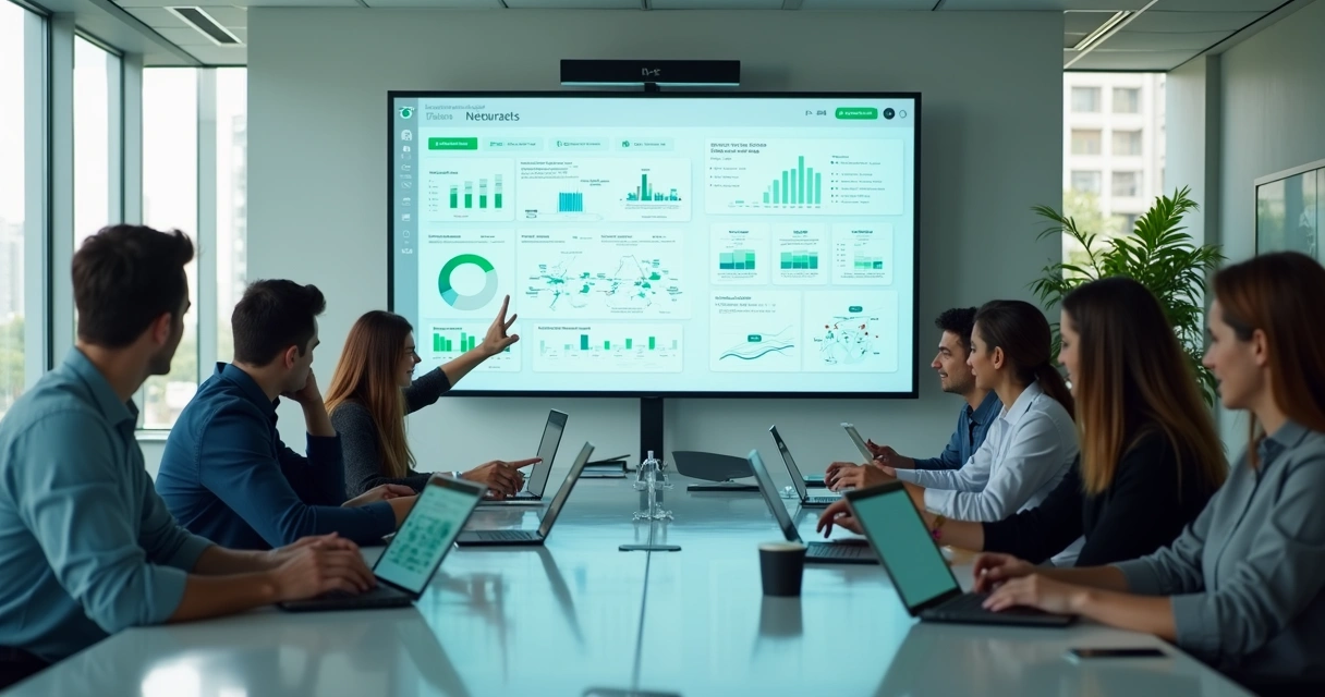 Gestores analisando painel de software personalizado com gráficos de desempenho