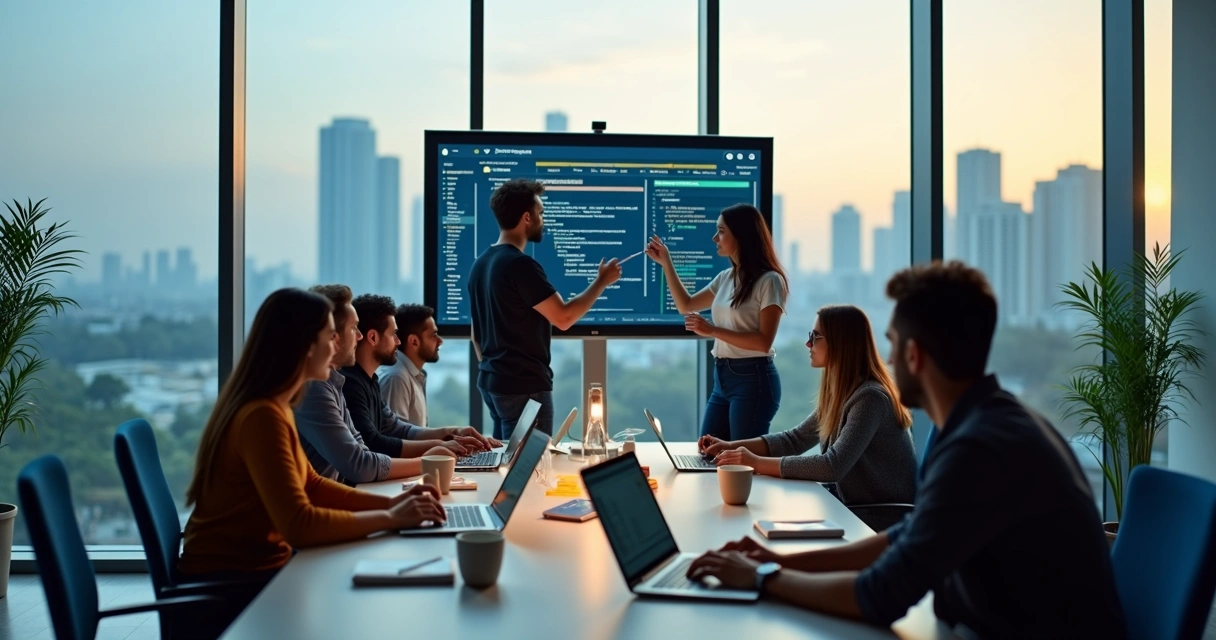 Equipe de desenvolvedores de software trabalhando em escritório moderno em São Paulo