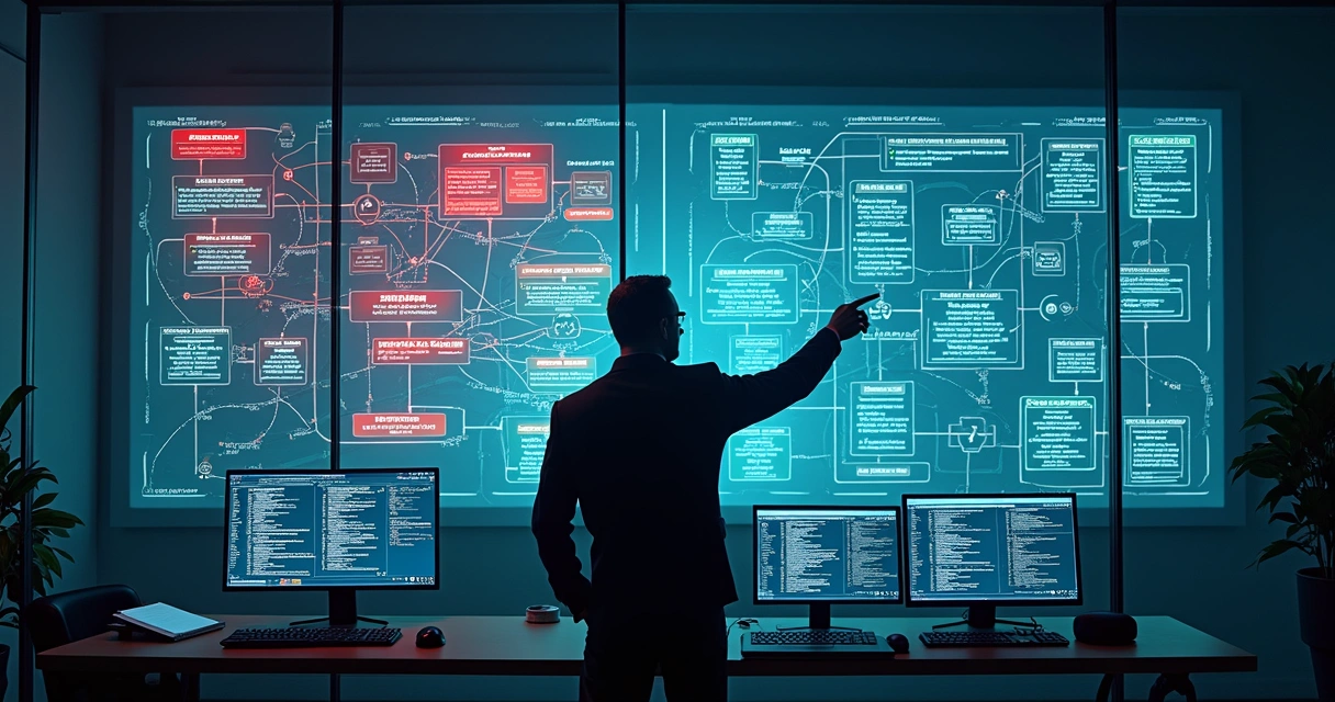Engenheiro de software avaliando arquitetura complexa com partes do sistema em colapso visual