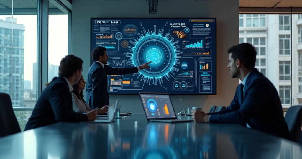 Executivos analisando painel digital com fluxos de processos automatizados e ícones de IA