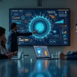 Executivos analisando painel digital com fluxos de processos automatizados e ícones de IA