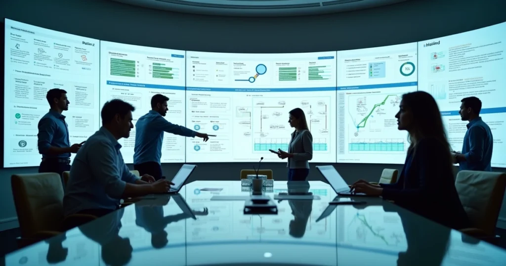 Equipe analisando painel digital com fluxos de automação e controles internos