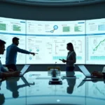 Equipe analisando painel digital com fluxos de automação e controles internos