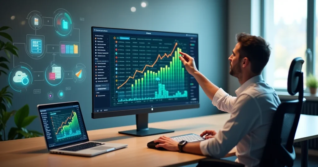Profissional analisando painel com automação de dados e planilhas integradas