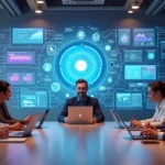 Equipe empresarial analisando painel digital com fluxo de criação de aplicativo com IA