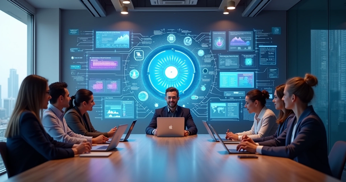 Equipe empresarial analisando painel digital com fluxo de criação de aplicativo com IA