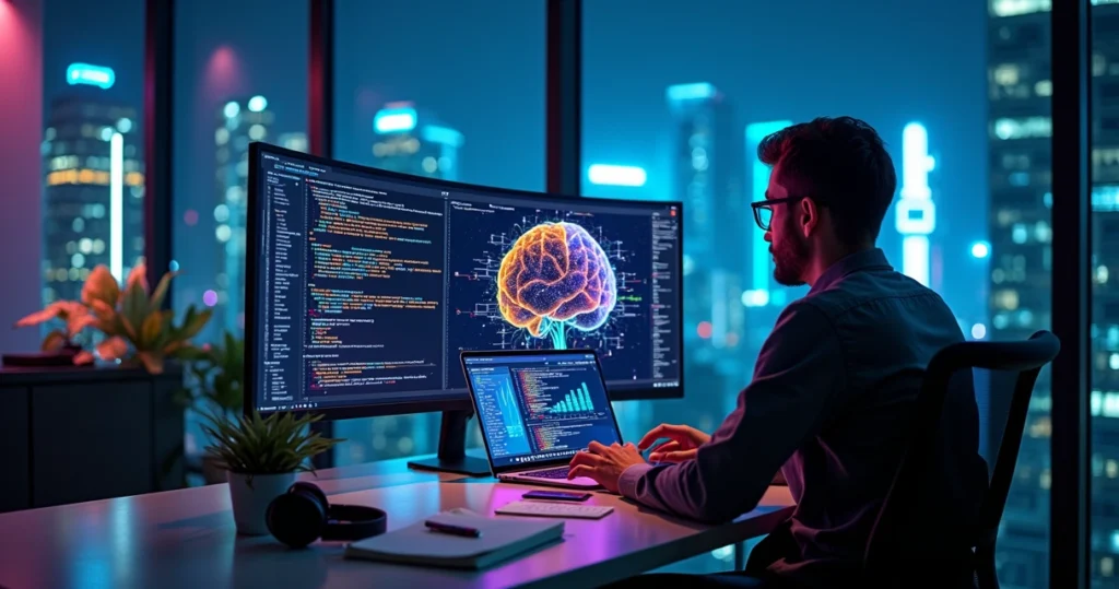 Desenvolvedor de software com painel de IA em tela grande em escritório moderno