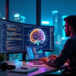 Desenvolvedor de software com painel de IA em tela grande em escritório moderno