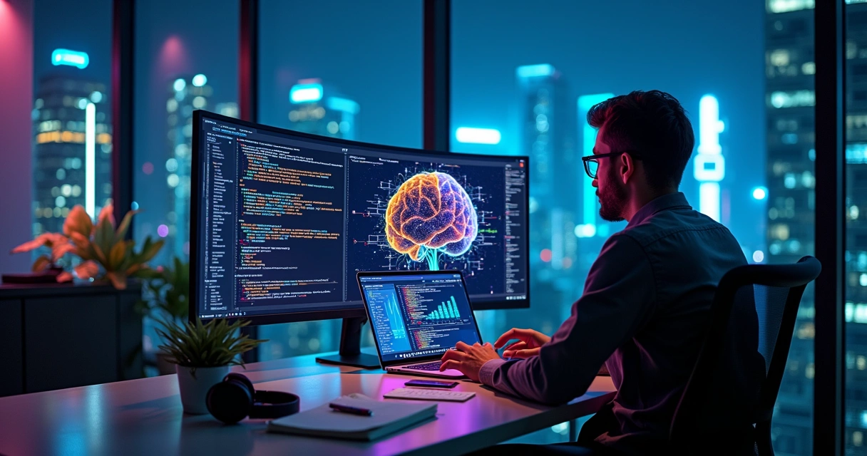 Desenvolvedor de software com painel de IA em tela grande em escritório moderno