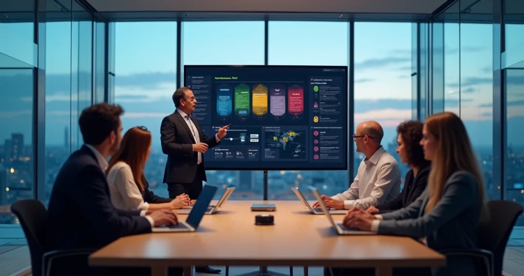 Equipe de desenvolvimento analisando painel com linguagens de programação em ambiente corporativo moderno