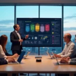 Equipe de desenvolvimento analisando painel com linguagens de programação em ambiente corporativo moderno