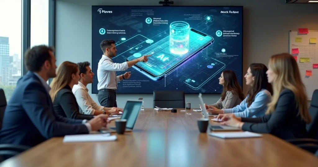 Equipe empresarial analisando protótipo de aplicativo com inteligência artificial em tela gigante