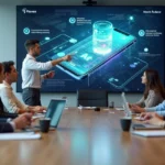 Equipe empresarial analisando protótipo de aplicativo com inteligência artificial em tela gigante