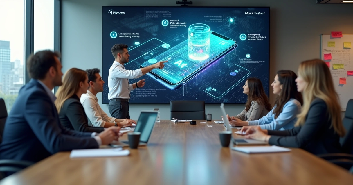 Equipe empresarial analisando protótipo de aplicativo com inteligência artificial em tela gigante