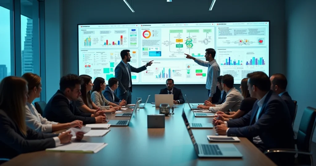 Equipe analisando fluxos de processos em painéis digitais em uma sala de reunião moderna