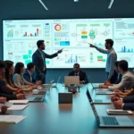 Equipe analisando fluxos de processos em painéis digitais em uma sala de reunião moderna