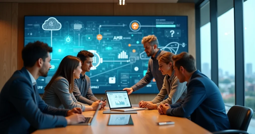 Equipe de negócios analisando telas com softwares e aplicativos integrados