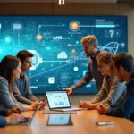 Equipe de negócios analisando telas com softwares e aplicativos integrados