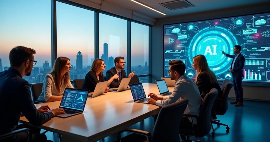 Equipe de negócios em reunião estratégica sobre transformação digital com painel de dados ao fundo