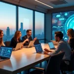 Equipe de negócios em reunião estratégica sobre transformação digital com painel de dados ao fundo