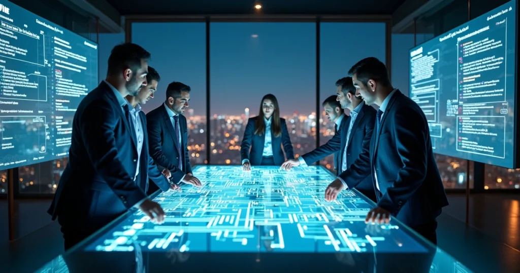 Executivos analisando painéis digitais com IA gerando código em ambiente corporativo moderno
