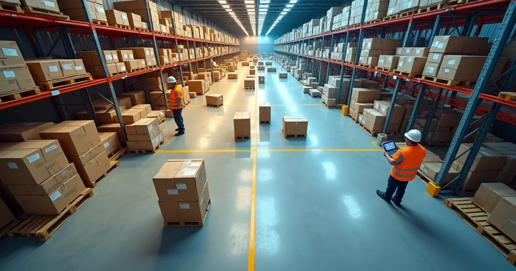 Vista aérea de armazém com metade caótica e metade organizada