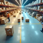 Vista aérea de armazém com metade caótica e metade organizada