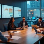 Gestores de negócios em reunião cercados por telas com sistemas desconectados