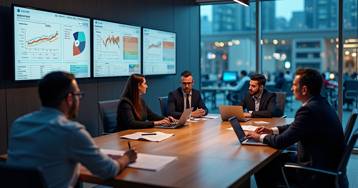 Gestores de negócios em reunião cercados por telas com sistemas desconectados