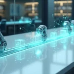 Esteira de processos automatizados com braços robóticos digitais em ambiente corporativo