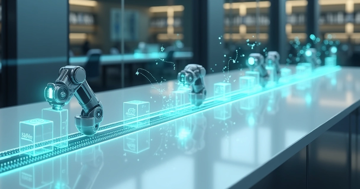 Esteira de processos automatizados com braços robóticos digitais em ambiente corporativo