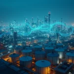 Rede luminosa de inteligência artificial sobre planta industrial vista à noite