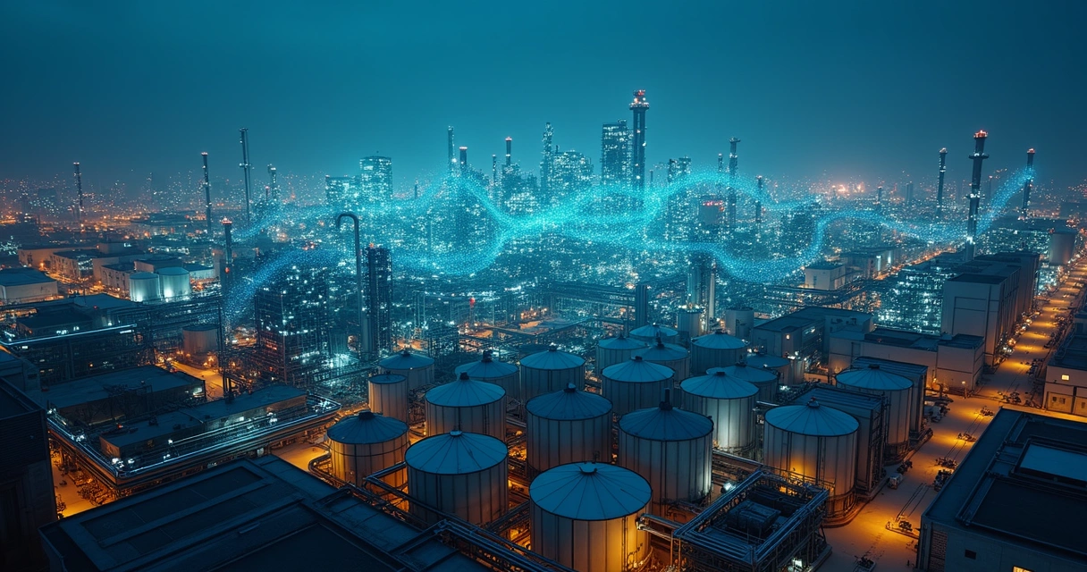 Rede luminosa de inteligência artificial sobre planta industrial vista à noite