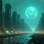 Cidade formada por código legado desmoronando enquanto um núcleo de IA brilha ao fundo