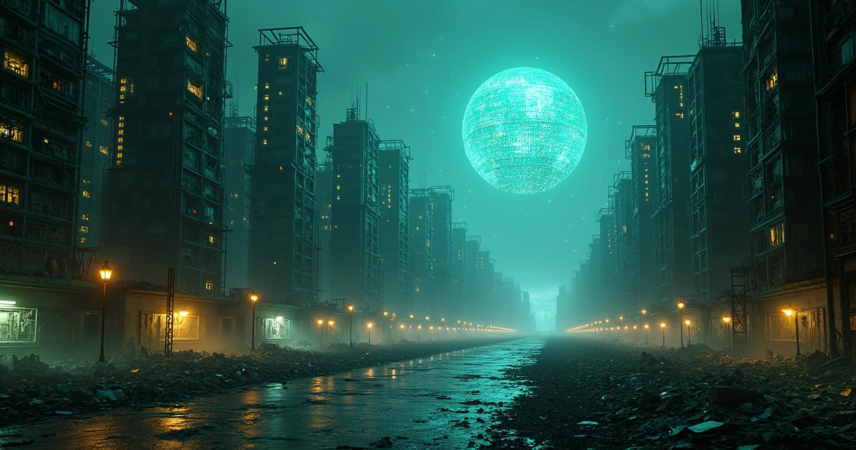 Cidade formada por código legado desmoronando enquanto um núcleo de IA brilha ao fundo
