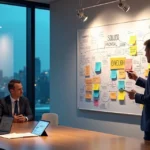 Consultor de tecnologia analisando mapa de operação empresarial na parede