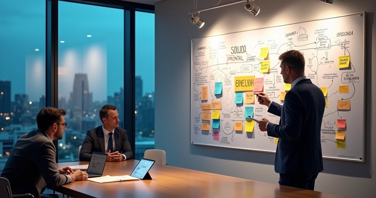 Consultor de tecnologia analisando mapa de operação empresarial na parede