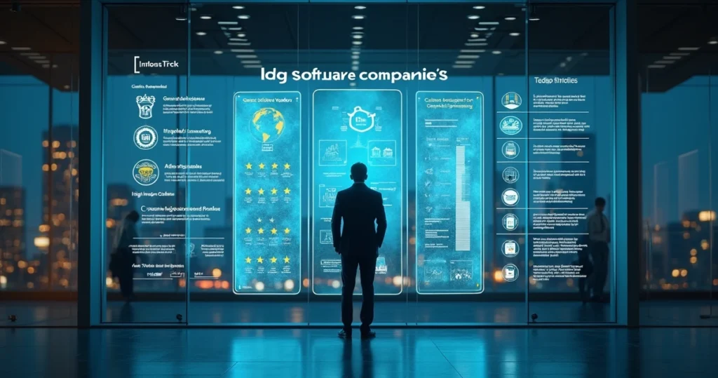 Executivo analisando mural de indicadores para escolha de empresa de software em 2026