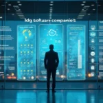 Executivo analisando mural de indicadores para escolha de empresa de software em 2026