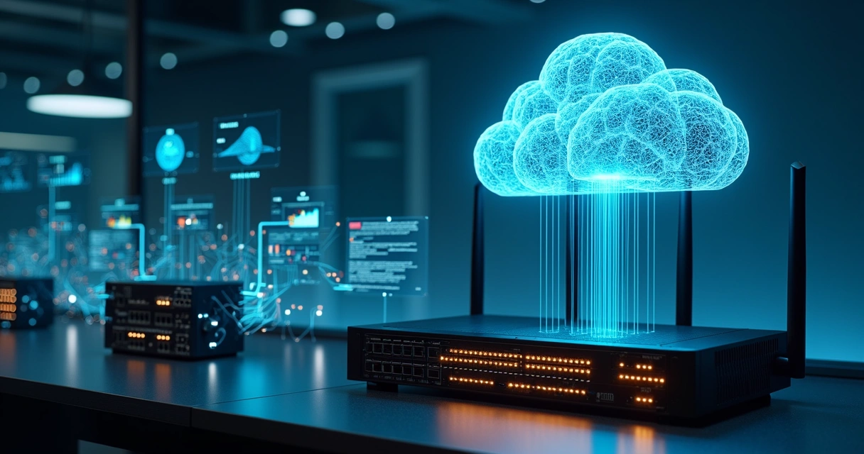 Roteador de borda conectado a pequenos servidores locais e grande nuvem de dados com IA